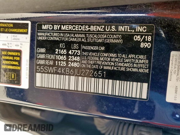 2018 Mercedes-Benz C 300 with VIN 55SWF4KB6JU272651, listed as a Copart auction lot 52939055 with 182,929 mi miles and Clean title. Bid and sale history available at DreamBid. Image 12.