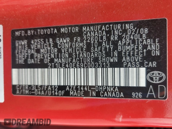 2009 Toyota Matrix S с VIN 2T1LE40E69C003313, выставлен на аукционе Copart как лот 63792885 с пробегом 179 504 миль миль и Чистый • Clean title. История ставок и продаж доступна на DreamBid. Изображение 12.
