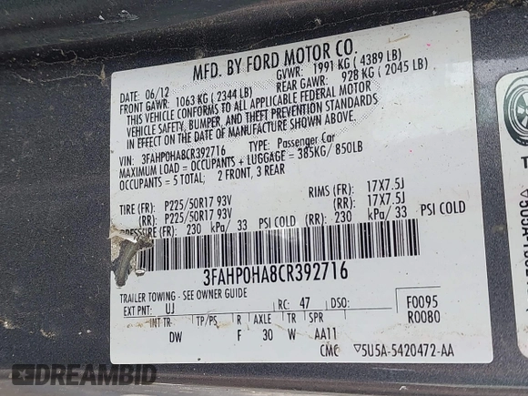 2012 Ford Fusion SE with VIN 3FAHP0HA8CR392716, listed as a IAAI auction lot 42371371 with 160,513 mi miles and . Bid and sale history available at DreamBid. Image 9.