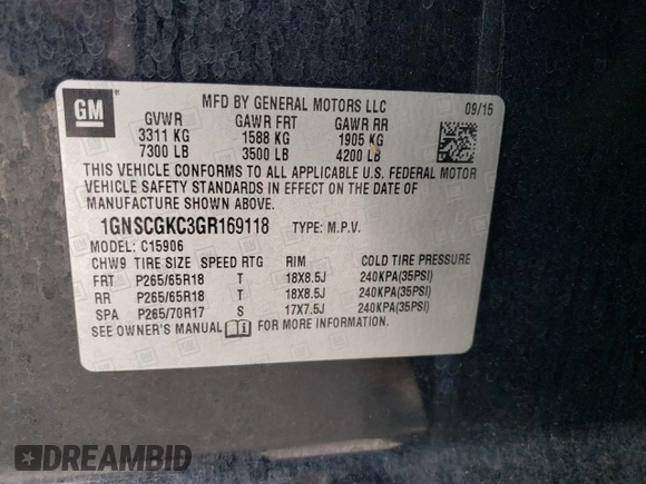 2016 Chevrolet Suburban LS с VIN 1GNSCGKC3GR169118, выставлен на аукционе Copart как лот 43350715 с пробегом 229 971 миль миль и Списание • Salvage title. История ставок и продаж доступна на DreamBid. Изображение 13.