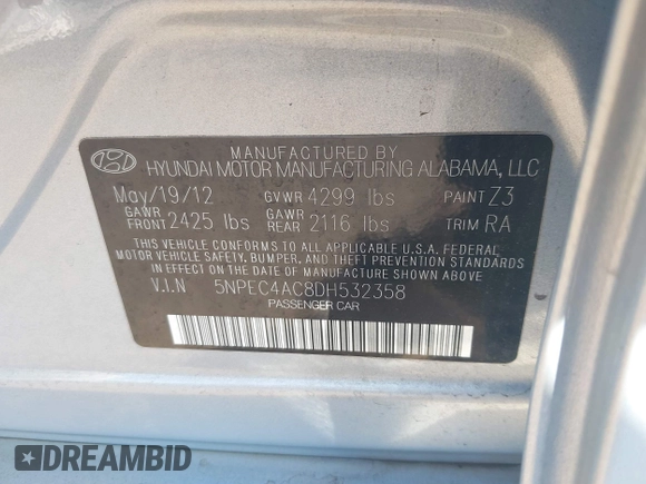 2013 Hyundai Sonata Limited with VIN 5NPEC4AC8DH532358, listed as a IAAI auction lot 41189414 with 61,069 mi miles and . Bid and sale history available at DreamBid. Image 9.