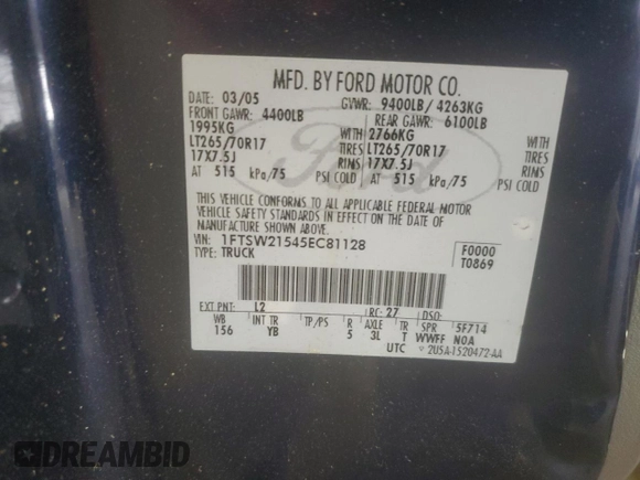 2005 Ford F-250 XL with VIN 1FTSW21545EC81128, listed as a Copart auction lot 56882565 with 271,960 mi miles and Salvage title. Bid and sale history available at DreamBid. Image 12.