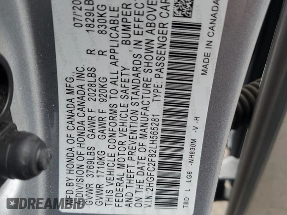 2020 Honda Civic Sedan Sport with VIN 2HGFC2F82LH565281, listed as a Copart auction lot 52740785 with 70,911 mi miles and Salvage Title. Bid and sale history available at carsss.com. Image 12.