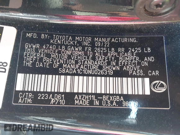 2022 Lexus ES 300h with VIN 58ADA1C10NU026319, listed as a IAAI auction lot 42139790 with 86,483 mi miles and . Bid and sale history available at DreamBid. Image 9.
