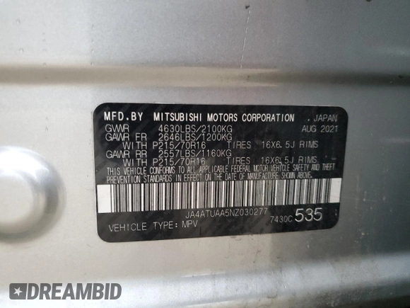 2022 Mitsubishi Eclipse Cross ES with VIN JA4ATUAA5NZ030277, listed as a Copart auction lot 54392625 with 67,428 mi miles and Salvage title. Bid and sale history available at DreamBid. Image 14.