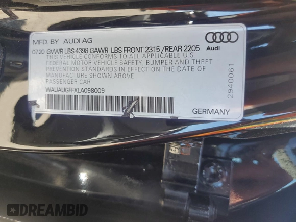 2020 Audi A3 Sedan Premium with VIN WAUAUGFFXLA098009, listed as a Copart auction lot 53214794 with 49,953 mi miles and Salvage Title. Bid and sale history available at carsss.com. Image 14.