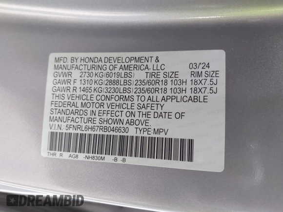 2024 Honda Odyssey EX-L with VIN 5FNRL6H67RB046630, listed as a IAAI auction lot 41933690 with 35,880 mi miles and . Bid and sale history available at DreamBid. Image 9.