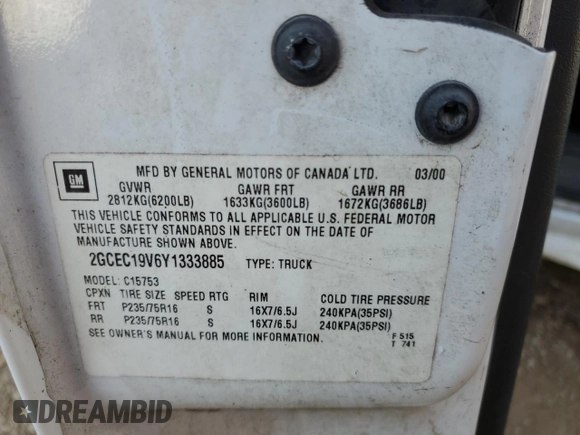 2000 Chevrolet Silverado 1500 with VIN 2GCEC19V6Y1333885, listed as a Copart auction lot 80429544 with 193,714 mi miles and Salvage Title. Bid and sale history available at carsss.com. Image 12.