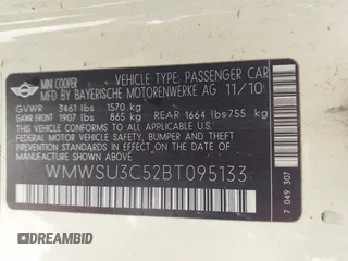 2011 MINI Hardtop with VIN WMWSU3C52BT095133, listed as a IAAI auction lot 42249436 with 44,652 mi miles and . Bid and sale history available at DreamBid. Image 9.