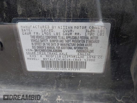 2021 Nissan Versa SV with VIN 3N1CN8EV2ML839399, listed as a IAAI auction lot 42472811 with 84,635 mi miles and . Bid and sale history available at DreamBid. Image 9.