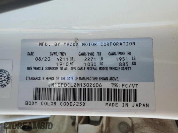 2021 Mazda 3 Preferred with VIN JM1BPBCL2M1302606, listed as a Copart auction lot 46586625 with 95,657 mi miles and Non Repairable. Bid and sale history available at DreamBid. Image 13.