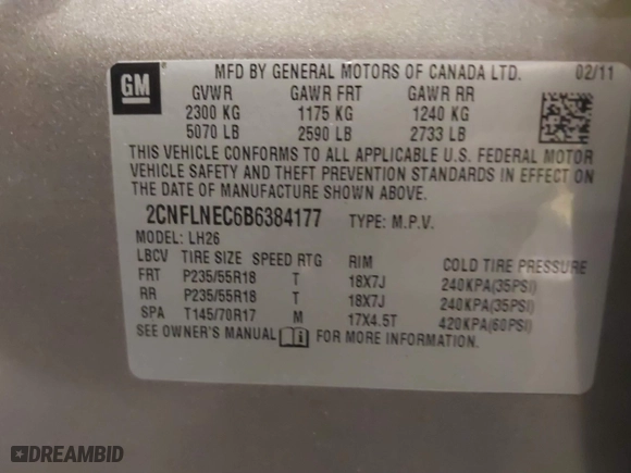2011 Chevrolet Equinox LT w/2LT with VIN 2CNFLNEC6B6384177, listed as a IAAI auction lot 40861177 with 156,672 mi miles. Bid and sale history available at carsss.com. Image 9.