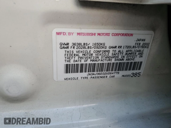 2002 Mitsubishi Lancer LS with VIN JA3AJ36E02U064779, listed as a Copart auction lot 86749184 with 127,343 mi miles and Salvage Title. Bid and sale history available at carsss.com. Image 12.