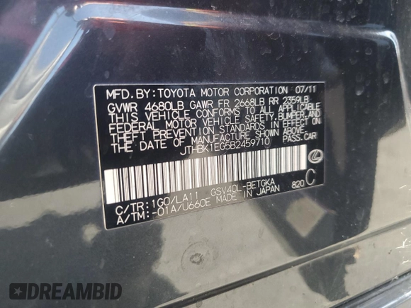 2011 Lexus ES with VIN JTHBK1EG5B2459710, listed as a Copart auction lot 54175585 with 106,680 mi miles and Salvage Title. Bid and sale history available at carsss.com. Image 12.