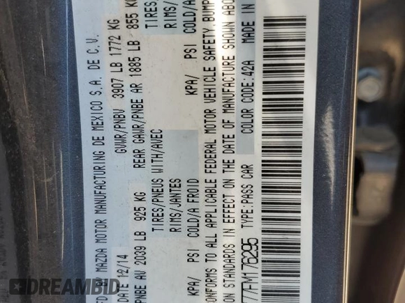 2015 Mazda 3 i Touring with VIN 3MZBM1V77FM176295, listed as a Copart auction lot 59394625 with 179,804 mi miles and Salvage title. Bid and sale history available at DreamBid. Image 12.