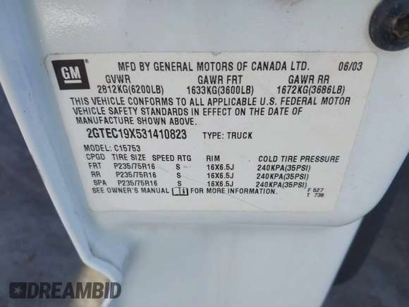 2003 GMC Sierra 1500 with VIN 2GTEC19X531410823, listed as a IAAI auction lot 41750235 with 183,821 mi miles and . Bid and sale history available at DreamBid. Image 9.