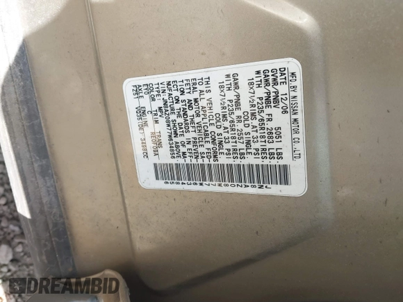 2007 Nissan Murano SL with VIN JN8AZ08W77W634856, listed as a IAAI auction lot 41824185 with Not Provided miles and . Bid and sale history available at DreamBid. Image 9.
