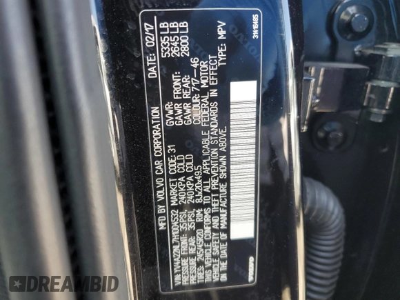 2017 Volvo V90 with VIN YV4A22NL7H1004532, listed as a Copart auction lot 57873094 with 66,942 mi miles and Salvage title. Bid and sale history available at DreamBid. Image 13.