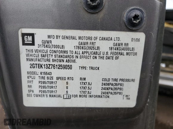 2006 GMC Sierra 1500 SLE1 z VIN 2GTEK13Z761259050, wystawiony jako Copart lot #60147495 z przebiegiem Nie podano mil oraz Czysty tytuł • Clean title. Historia ofert i sprzedaży dostępna na DreamBid. Obrazek 12.
