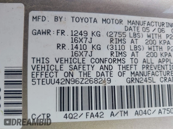 2006 Toyota Tacoma with VIN 5TEUU42N96Z268219, listed as a IAAI auction lot 41833805 with 151,872 mi miles. Bid and sale history available at carsss.com. Image 9.