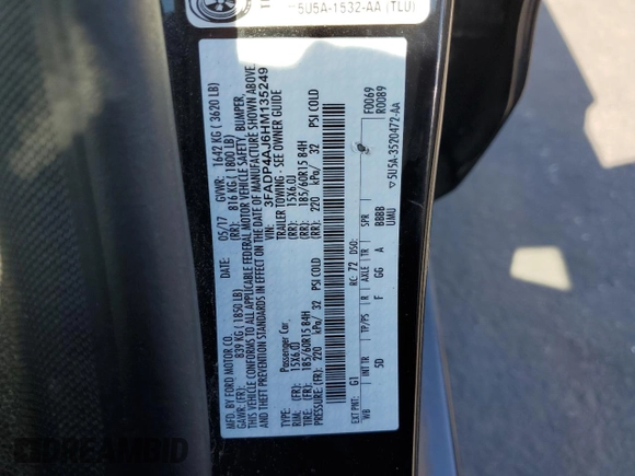 2017 Ford Fiesta S with VIN 3FADP4AJ6HM135249, listed as a Copart auction lot 60371815 with 54,698 mi miles and Clean title. Bid and sale history available at DreamBid. Image 12.