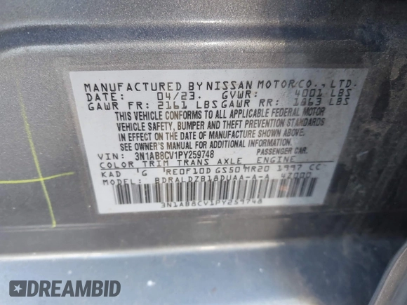 2023 Nissan Sentra SV with VIN 3N1AB8CV1PY259748, listed as a IAAI auction lot 41496431 with 45,147 mi miles and . Bid and sale history available at DreamBid. Image 9.