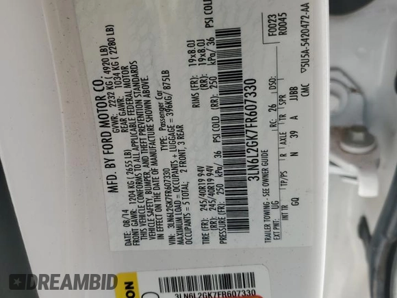 2015 Lincoln MKZ with VIN 3LN6L2GK7FR607330, listed as a Copart auction lot 52520855 with 33,743 mi miles and Salvage title. Bid and sale history available at DreamBid. Image 12.