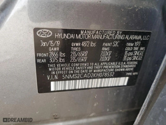 2019 Hyundai Santa Fe SE with VIN 5NMS2CAD2KH078532, listed as a Copart auction lot 50892825 with 133,950 mi miles and Salvage Title. Bid and sale history available at carsss.com. Image 16.