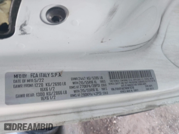 2022 Ram ProMaster City Cargo Tradesman с VIN ZFBHRFAB2N6W78218, выставлен на аукционе IAAI как лот 40906950 с пробегом 80 491 миль миль и . История ставок и продаж доступна на DreamBid. Изображение 9.