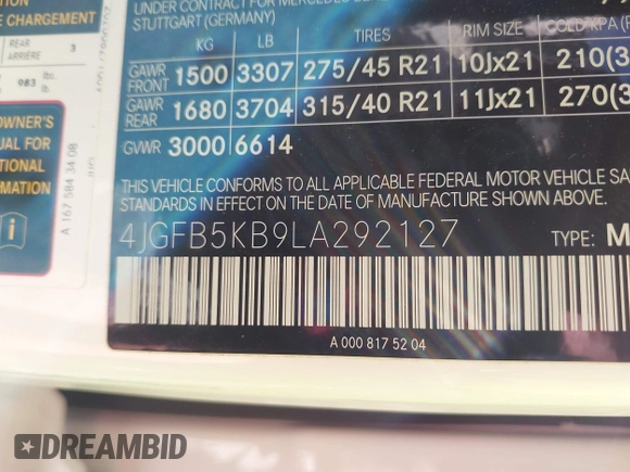 2020 Mercedes-Benz GLE 450 z VIN 4JGFB5KB9LA292127, wystawiony jako IAAI lot #42056261 z przebiegiem 59 165 mil mil oraz . Historia ofert i sprzedaży dostępna na DreamBid. Obrazek 9.