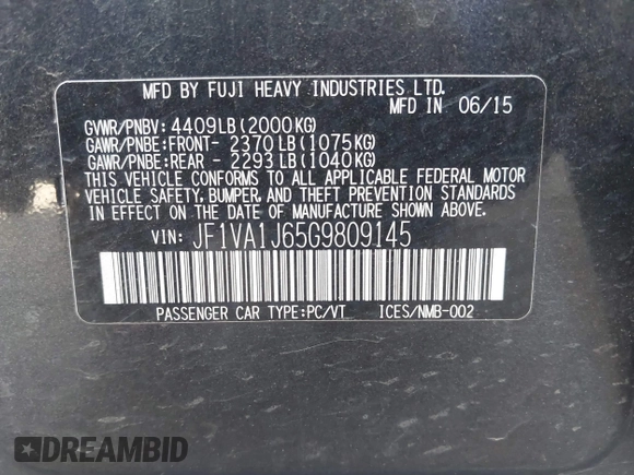 2016 Subaru WRX Limited with VIN JF1VA1J65G9809145, listed as a IAAI auction lot 42507955 with 122,044 mi miles and . Bid and sale history available at DreamBid. Image 9.