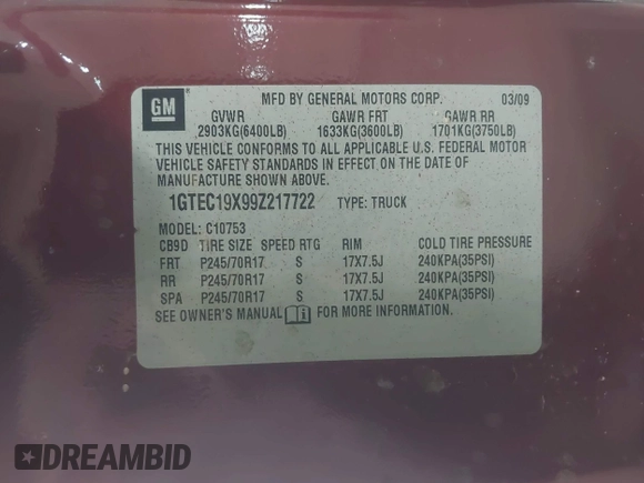 2009 GMC Sierra 1500 Work Truck z VIN 1GTEC19X99Z217722, wystawiony jako IAAI lot #42567296 z przebiegiem 186 565 mil mil oraz . Historia ofert i sprzedaży dostępna na DreamBid. Obrazek 9.