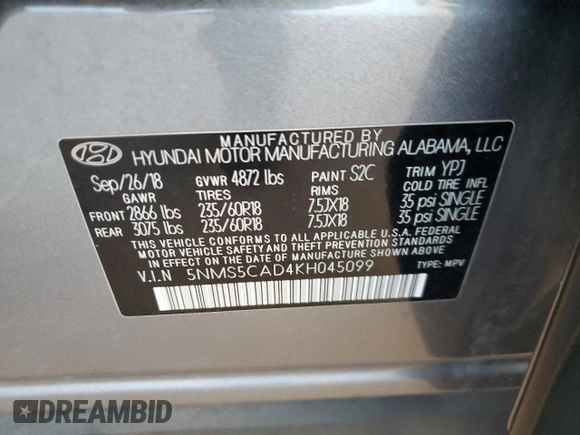 2019 Hyundai Santa Fe Ultimate with VIN 5NMS5CAD4KH045099, listed as a Copart auction lot 74817564 with 80,182 mi miles and Salvage Title. Bid and sale history available at carsss.com. Image 13.