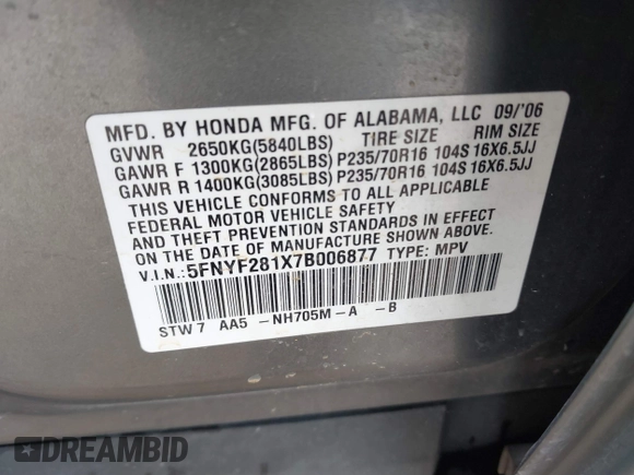 2007 Honda Pilot LX with VIN 5FNYF281X7B006877, listed as a IAAI auction lot 41595667 with 255,799 mi miles. Bid and sale history available at carsss.com. Image 9.