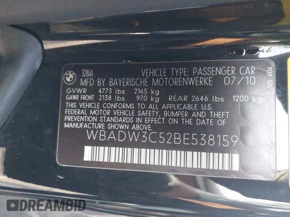 2011 BMW 3 Series 328i with VIN WBADW3C52BE538159, listed as a IAAI auction lot 41147161 with 1 mi miles. Bid and sale history available at carsss.com. Image 9.