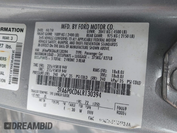 2020 Ford Fusion SEL с VIN 3FA6P0CD6LR130394, выставлен на аукционе IAAI как лот 42356025 с пробегом 115 294 миль миль и . История ставок и продаж доступна на DreamBid. Изображение 9.