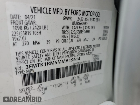 2021 Ford Mustang Mach-E Select z VIN 3FMTK1RM5MMA19614, wystawiony jako Copart lot #58245905 z przebiegiem 28 975 mil mil oraz Szkoda całkowita • Salvage title. Historia ofert i sprzedaży dostępna na DreamBid. Obrazek 13.