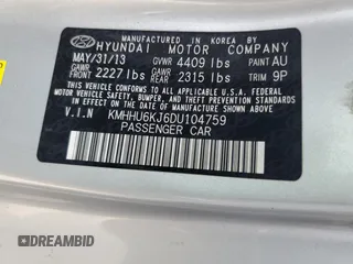2013 Hyundai Genesis Coupe Grand Touring with VIN KMHHU6KJ6DU104759, listed as a Copart auction lot 54360995 with Not provided miles and Salvage title. Bid and sale history available at DreamBid. Image 12.