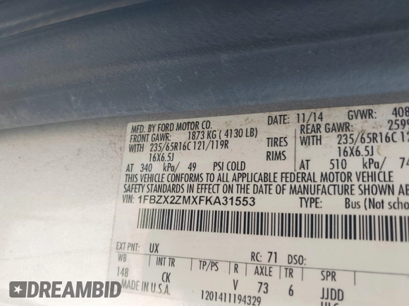 2015 Ford Transit XL with VIN 1FBZX2ZMXFKA31553, listed as a IAAI auction lot 41588965 with 204,796 mi miles and . Bid and sale history available at DreamBid. Image 9.