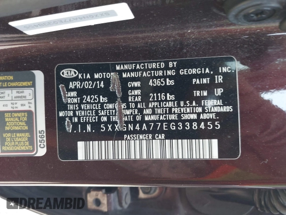 2014 Kia Optima EX z VIN 5XXGN4A77EG338455, wystawiony jako IAAI lot #42071765 z przebiegiem 136 331 mil mil oraz . Historia ofert i sprzedaży dostępna na DreamBid. Obrazek 9.