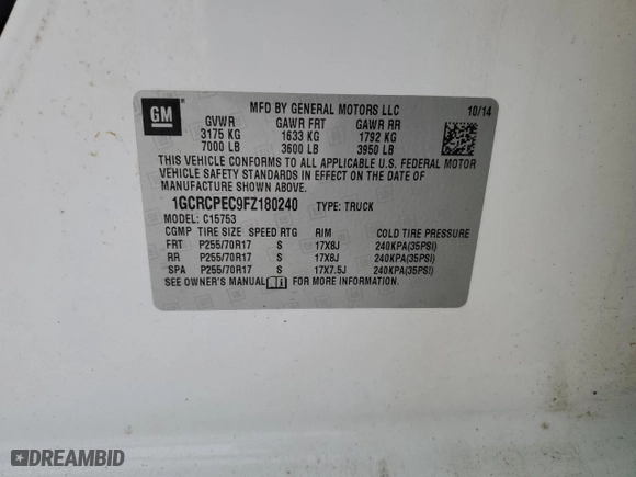 2015 Chevrolet Silverado 1500 Work Truck with VIN 1GCRCPEC9FZ180240, listed as a Copart auction lot 41567075 with 180,780 mi miles and Clean Title. Bid and sale history available at carsss.com. Image 12.