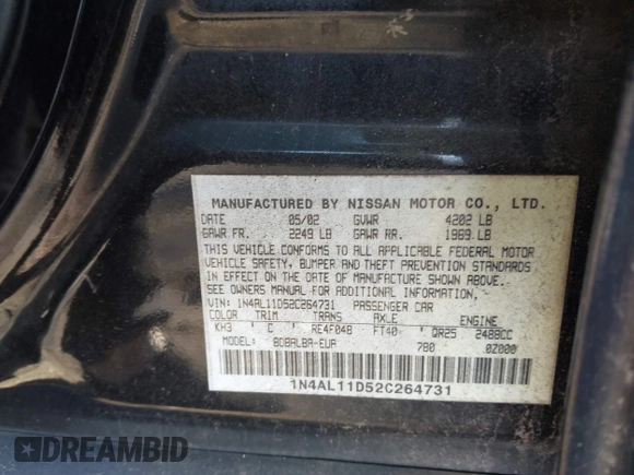2002 Nissan Altima S with VIN 1N4AL11D52C264731, listed as a IAAI auction lot 41242713 with 189,741 mi miles. Bid and sale history available at carsss.com. Image 9.