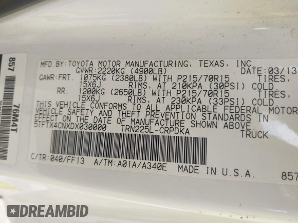 2013 Toyota Tacoma with VIN 5TFTX4CNXDX030000, listed as a IAAI auction lot 42098777 with 198,791 mi miles and . Bid and sale history available at DreamBid. Image 9.