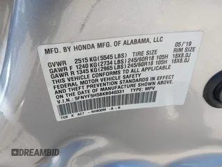 2019 Honda Pilot EX-L with VIN 5FNYF5H58KB040331, listed as a IAAI auction lot 41977727 with 90,655 mi miles and . Bid and sale history available at DreamBid. Image 9.
