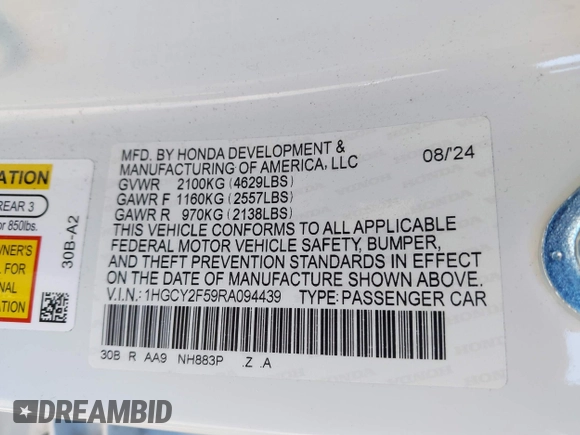 2024 Honda Accord Sport с VIN 1HGCY2F59RA094439, выставлен на аукционе IAAI как лот 41747166 с пробегом 2 749 миль миль и . История ставок и продаж доступна на DreamBid. Изображение 9.