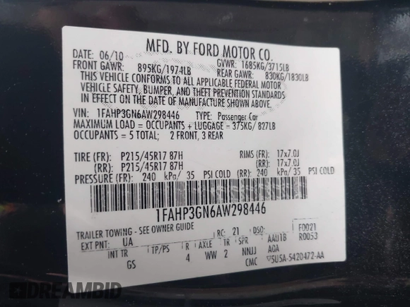 2010 Ford Focus SES with VIN 1FAHP3GN6AW298446, listed as a IAAI auction lot 41941015 with 184,377 mi miles. Bid and sale history available at carsss.com. Image 9.