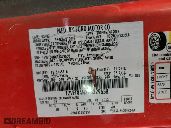 2007 Ford Mustang Deluxe with VIN 1ZVFT84NX75329658, listed as a Copart auction lot 60537385 with Not provided miles and Salvage title. Bid and sale history available at DreamBid. Image 12.