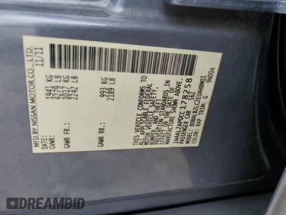 2012 Nissan Altima 2.5 SL with VIN 1N4AL2AP0CC178258, listed as a Copart auction lot 47633575 with 64,600 mi miles and Non Repairable. Bid and sale history available at carsss.com. Image 14.