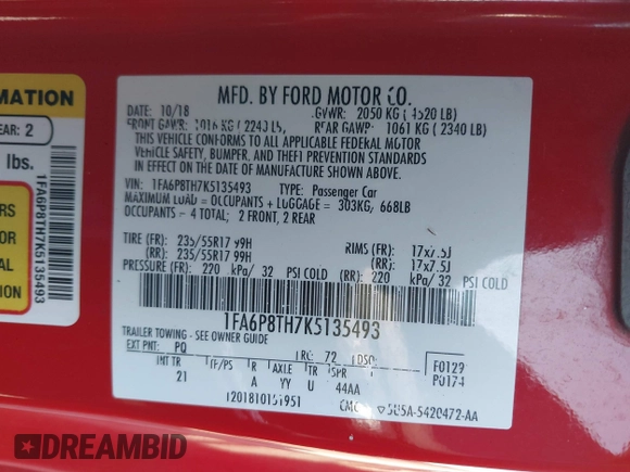 2019 Ford Mustang EcoBoost with VIN 1FA6P8TH7K5135493, listed as a IAAI auction lot 42842509 with 90,931 mi miles and . Bid and sale history available at DreamBid. Image 9.