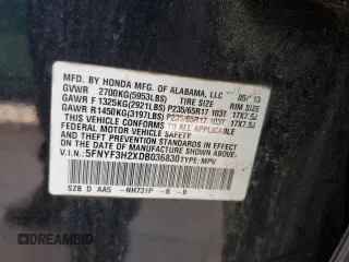 2013 Honda Pilot LX with VIN 5FNYF3H2XDB036830, listed as a Copart auction lot 61823195 with 243,817 mi miles and Clean title. Bid and sale history available at DreamBid. Image 12.